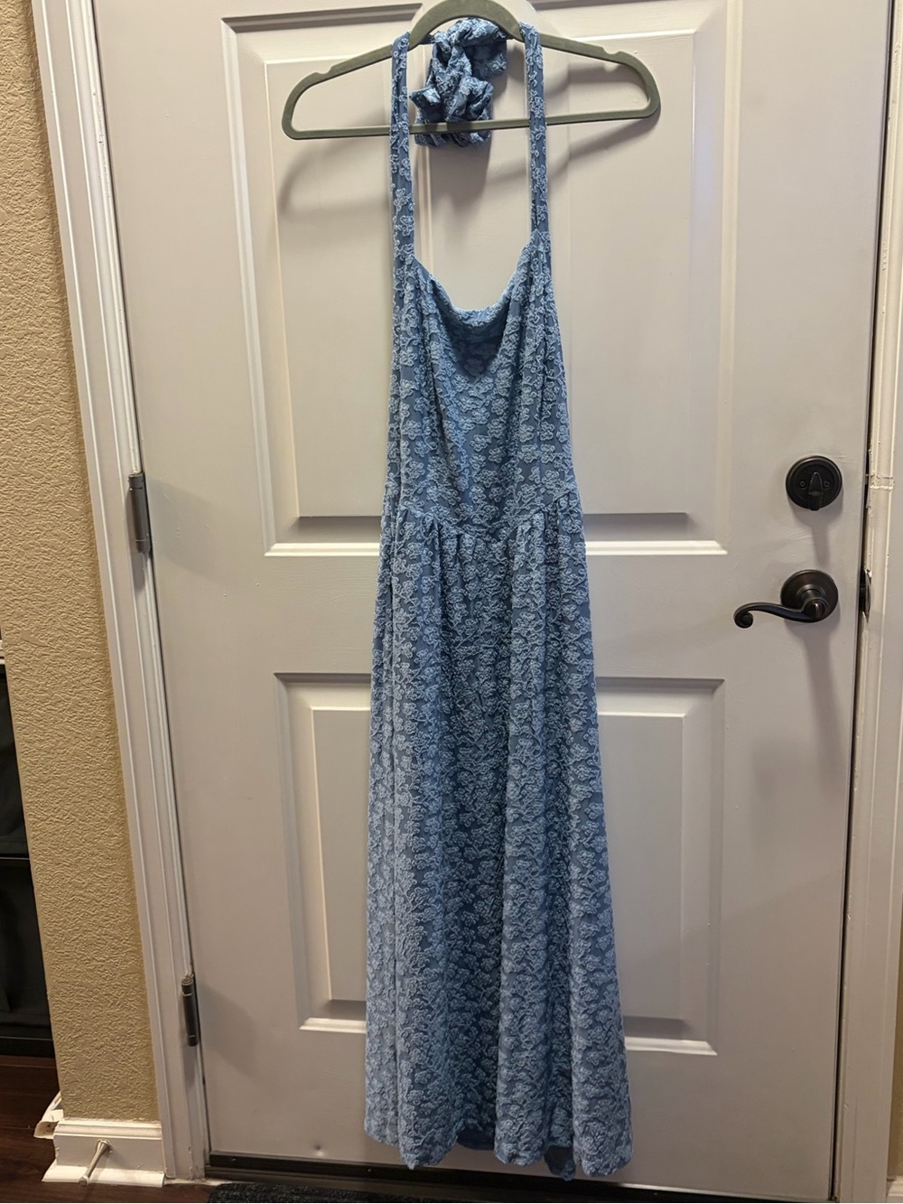 Light Blue Halter Maxi Dress with Floral Lace Print